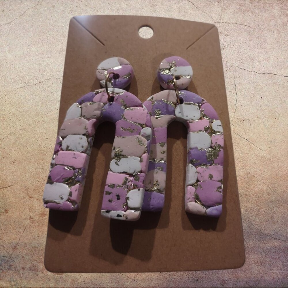 3FOR$10 DEAL - Handcrafted Pink & Purple Stacked Stone Clay Arch Dangle Earrings